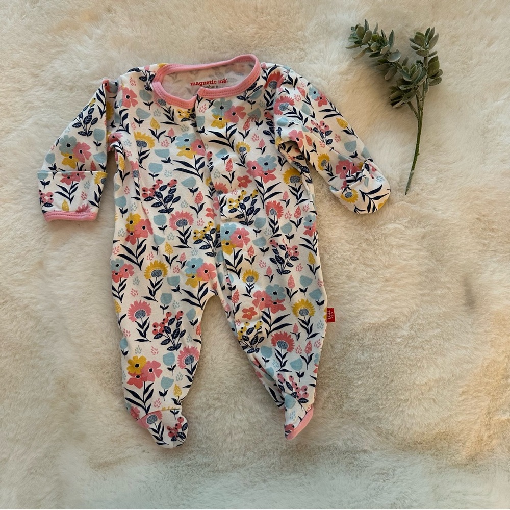 Magnetic Me Floral Footie in White with Pink, Yellow & Navy